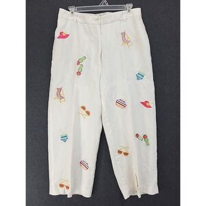 White Embroidered Cropped Pants with Summer Motifs